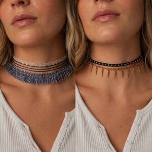 Mia Collection & Carisma Choker Set Boho Fringe Lace Spike Studded Gold Blue New